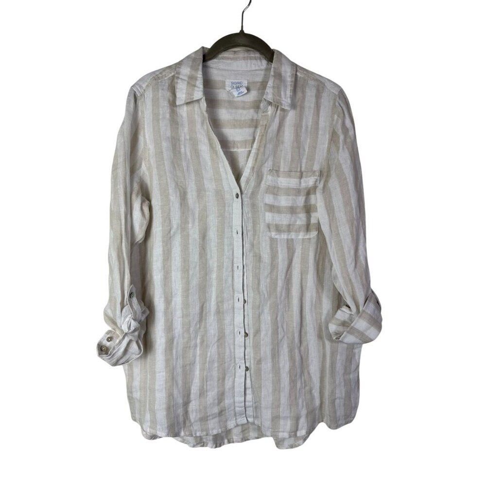 Sigrid Olsen Beige White Stripe 100% Linen Button Up Top Size Medium Long Sleeve